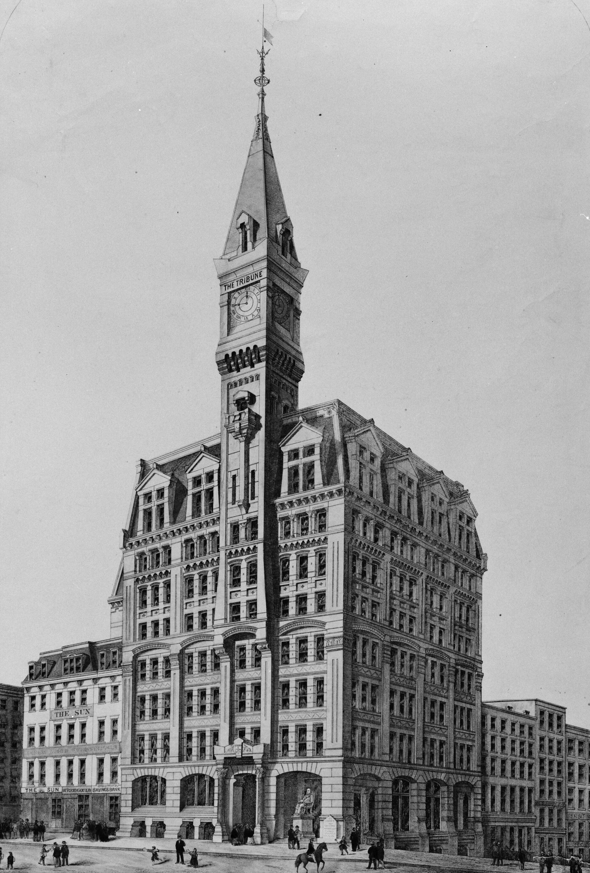 Lithograph of the Tribune Building view from northwest, 1874.